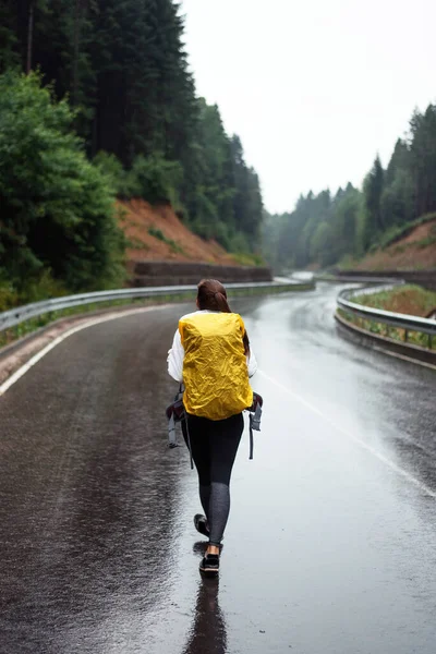 Sarı sırt çantalı kadın yürüyüşçünün arka görüntüsü asfalt yolda yürüyor ve etrafındaki güzel dağlarla. İnsan kavramı ve boş zaman aktivitesi.
