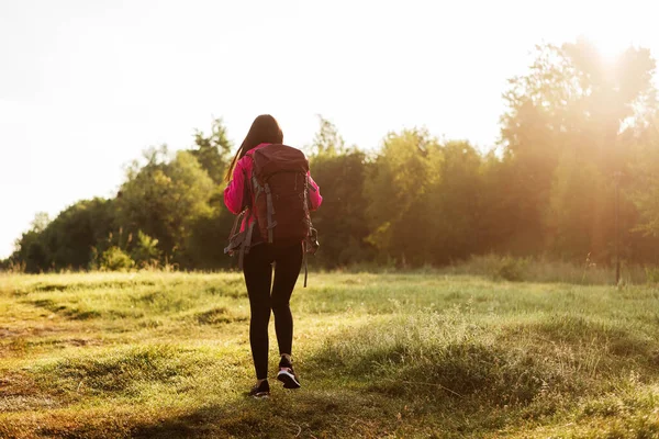 Ormanın yakınındaki yeşil çayırda sırt çantasıyla yürüyen bir kadın. Kızlar spor giyer ve pembe ceket giyer. Dinlenme ve doğa turizmi kavramı. Yaz zamanı. Güneşli gündüz