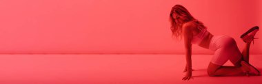 Sensual attractive blonde model posing in underwear at red neon light studio, showing beautiful body, copy space