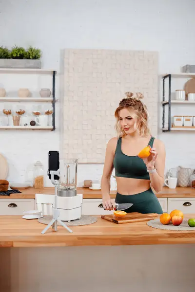 Fitness Blogger Recording Video Mobile Healthy Diet Charming Strong Woman — Stock Photo, Image