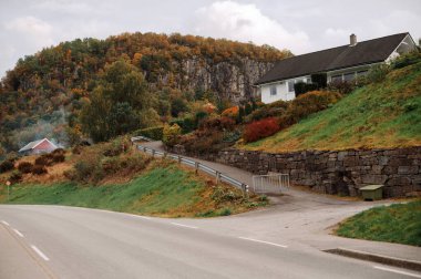 Yamaçta bir evi, Norveç 'te sonbahar yaprakları olan kırsal bir arazi.