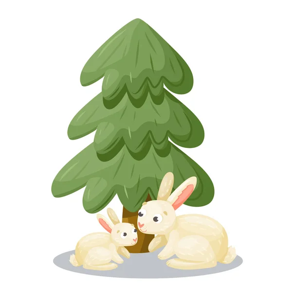 Dois Coelhos Bonitos Debaixo Árvore Sempre Verde Ilustração Desenho Animado — Vetor de Stock