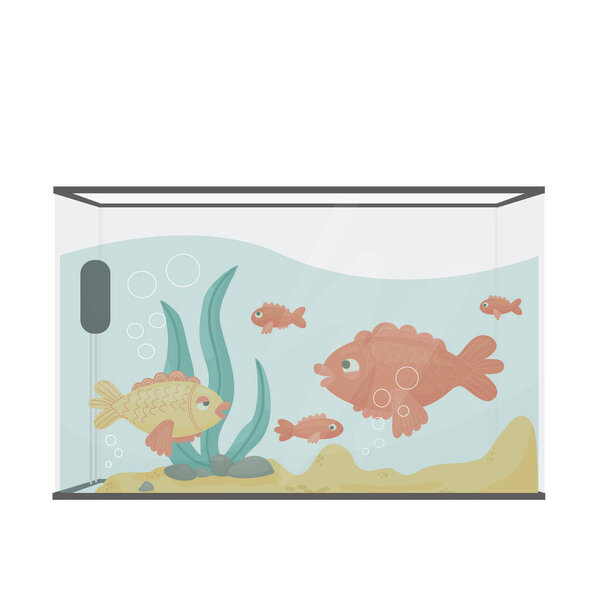 Home Aquarium with fishes. Fish tank. Vector cartoon illustration.