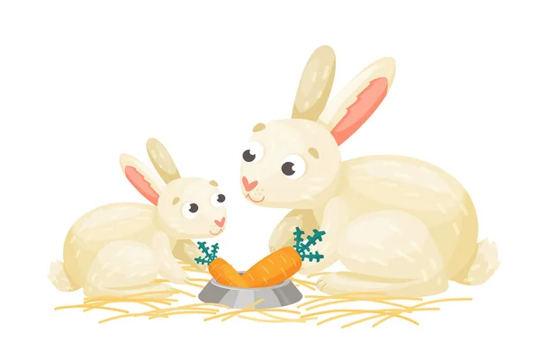 Mère Bébé Lapin Mangeant Carotte Famille Des Lapins Blancs Illustration — Image vectorielle