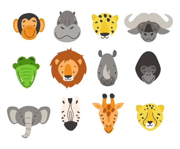 Головы Африканских Животных Набор Векторных Мультфильмов Животные Сафари — стоковый вектор