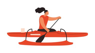 Vaa teknesinde kürek çeken bir kadın. Beyaz üzerine izole edilmiş vektör el çizimi. 