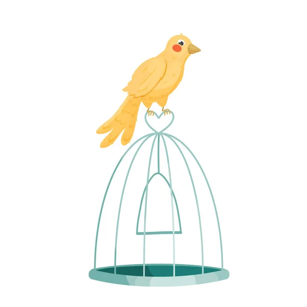 Kleiner Gelber Vogel Sitzt Auf Dem Käfig Vektorillustration — Stockvektor