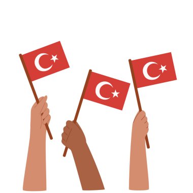 Türk bayraklı eller. Vektör illüstrasyonu beyazda izole edildi. 