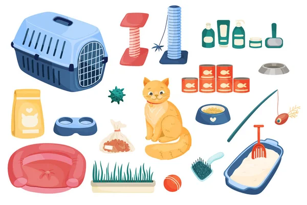 Stock vector Cat and cat supply items set. Vector cartoon illustration. 