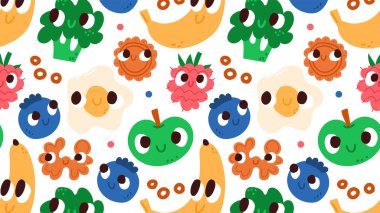 Yemek karakterleriyle komik renkli desenler. Kusursuz vektör duvar kağıdı. 