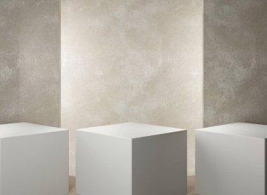 Beton arka planda beyaz podyumlar. Modifiye et, 3B Hazırlama