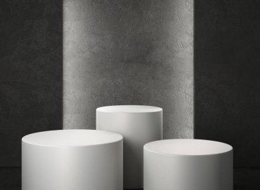 Koyu beton zemin üzerinde üç beyaz podyumun 3D canlandırması