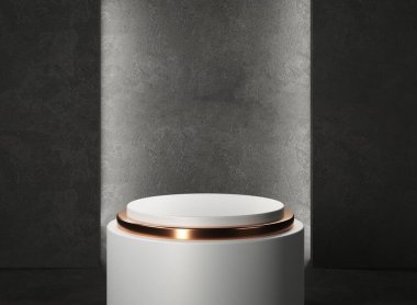 Siyah arka planda beyaz yuvarlak podyum. Modifiye et, 3B Hazırlama