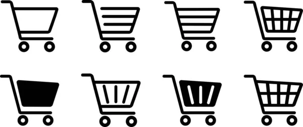 ショッピングカートのアイコンを設定します グループWebストアショッピングカートアイコン コレクションインターネットショップのロゴの記号を購入する プロダクトバスケットのイラストを購入する — ストックベクタ
