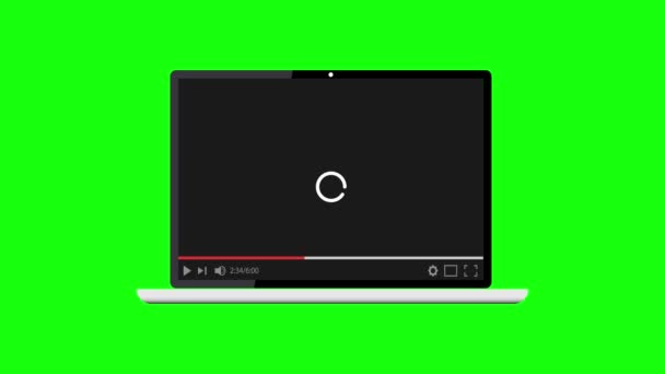 インターネットの速度が遅いため ラップトップのYoutubeビデオプレーヤーの画面の読み込み映像 背景の緑の画面に円アニメーションをロードします データのダウンロード — ストック動画
