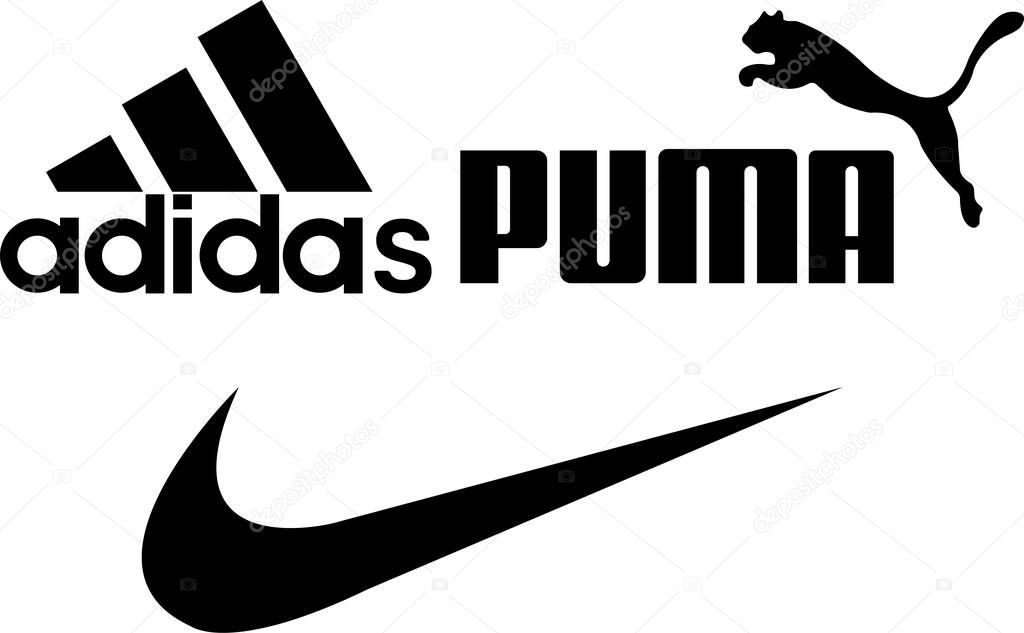 Adidas, Puma, Nike sportswear brand logos. Shoe and T-shirt brand black logotype stock vector on transparent background