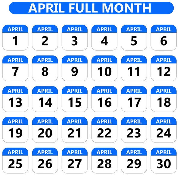 Набір Повного Квітневого Календаря Місяця Синьому Пласкому Дизайні — стоковий вектор
