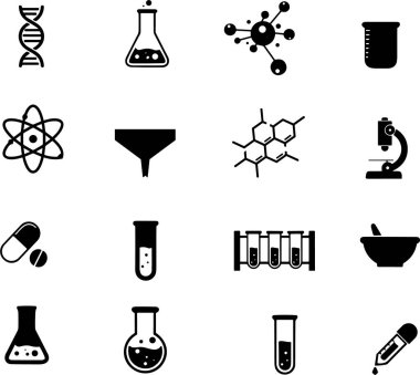 Kimya laboratuarı ikonu seti. Kimyasal, formül, tıbbi analiz, laboratuvar test şişesi gibi ikonlar da dahil. Atom, Matara, Deney, Araştırma, DNA, zincir, mikroskop, molekül sembolleri.