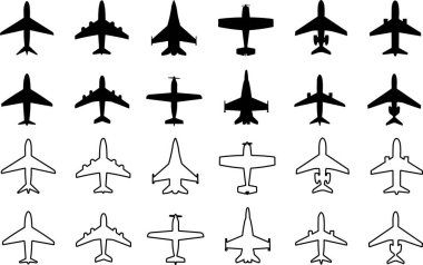 Uçak simgelerini ayarlayın. Uçaklar düz ve hat şeklinde. Jet uçağı. uçuş sembolü.