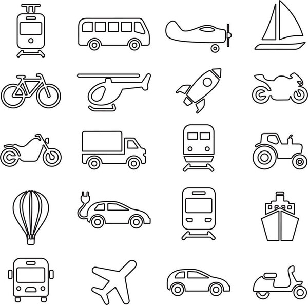 Набор значков транспорта или транспорта. Содержит автомобиль, велосипед, самолет, поезд, велосипед, мотоцикл, автобус и скутер, трамвай и электромобиль, корабль или паром, вертолет. Коллекция линий.