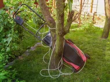 Yeşil bir çimenlikteki kırmızı elektrikli çim biçme makinesi. Kablolar, elektrik uzatma kablosu, taşınabilir soket.