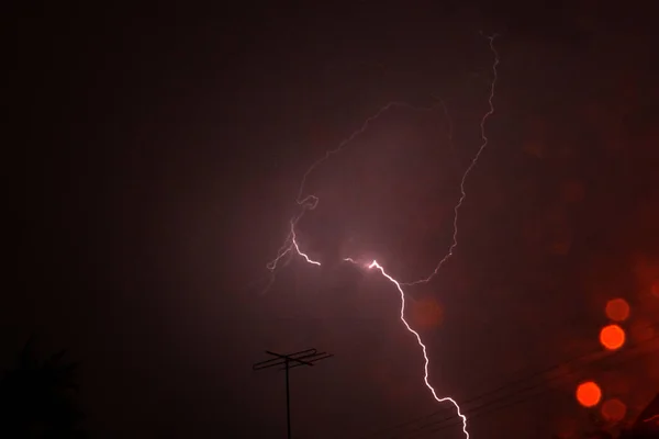 Lightning Night Thunderstorm Thunder Lightning Hitting House — Stock Photo, Image