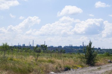Fotoğraf endüstriyel bir manzarayı gösteriyor. Ön planda vahşi doğa, arka planda ise bir endüstriyel kompleks. Gökyüzü beyaz bulutlarla mavidir.