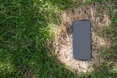 The photo shows a mobile phone whose radiation harms the environment. The grass has dried up from radiation. clipart