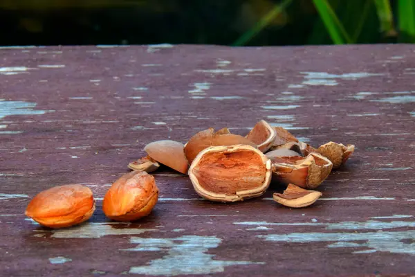 Ahşap bir yüzeyde fındıklı ve kabuklu bir hayat. Doğal ışıklandırma fındıkların dokusunu vurgular..