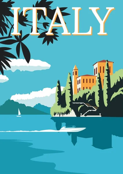 Idyllic italian landscape with lake, mountains and house on a cost. Concept for a travel poster or postcard. Flat vector illustration.