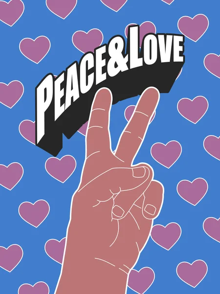 ハートと大胆なタイポグラフィの背景に明るい色で平和と愛の手のジェスチャーとパーティーのためのポスター — ストックベクタ