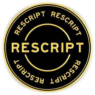 Siyah ve altın rengi yuvarlak etiketli ve beyaz arkaplanda sözcük rekripti var