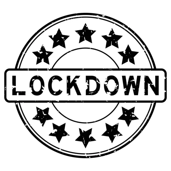 stock vector Grunge black lockdown word with star icon round rubber seal stamp on white background
