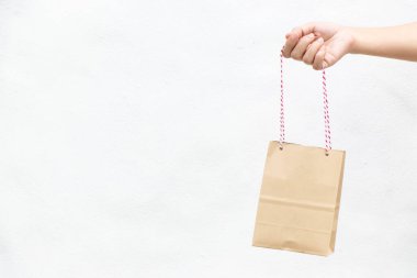 Hand of business woman hold brown paper shopping bag on white concrete background