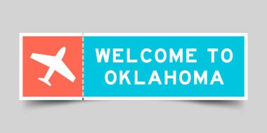 Uçak ikonlu turuncu ve mavi renkli bilet. Gri arka planda Oklahoma 'ya hoş geldiniz.