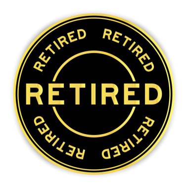 Siyah ve altın rengi yuvarlak etiket, beyaz arka planda emekliye ayrılmış.