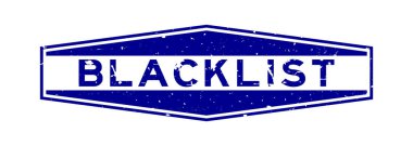 Grunge mavi kara liste kelime altıgen lastik mühür beyaz arka planda