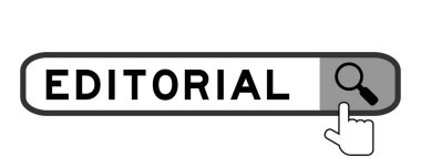 Search banner in word editorial with hand over magnifier icon on white background
