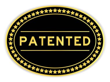 Black and gold color oval label sticker with word patented on white background