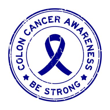 Grunge colon cancer awareness be strong word with ribbon banner as round seal stamp on white background 