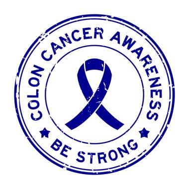 Grunge colon cancer awareness be strong word with ribbon banner as round seal stamp on white background  clipart