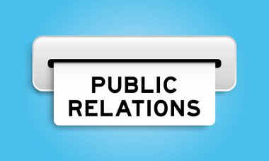 White coupon banner with word public relations from machine on blue color background