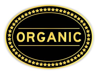 Siyah ve altın rengi oval etiket. Beyaz arka planda organik kelimeler var.