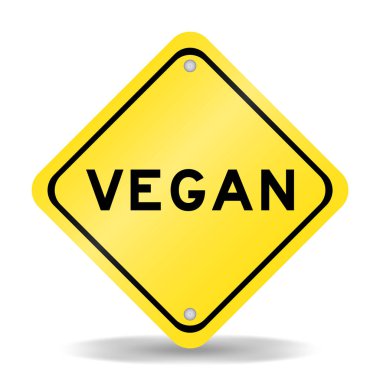 Beyaz arkaplanda vegan kelimesiyle sarı renk taşıma işareti
