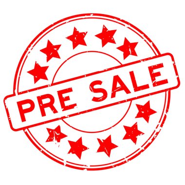 Grunge kırmızı ön satış word yıldız simgesi ile yuvarlak lastik mühür damgası beyaz arka plan üzerinde