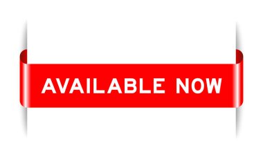 Red color inserted label banner with word available now on white background