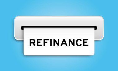 White coupon banner with word refinance from machine on blue color background