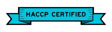 Ribbon label banner with word HACCP (Hazard Analysis Critical Control Points) certified in blue color on white background