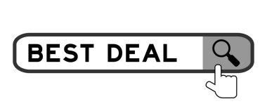 Search banner in word best deal with hand over magnifier icon on white background