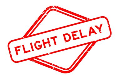 Grunge kırmızı uçuş gecikmeli kelime beyaz arka planda lastik mühür